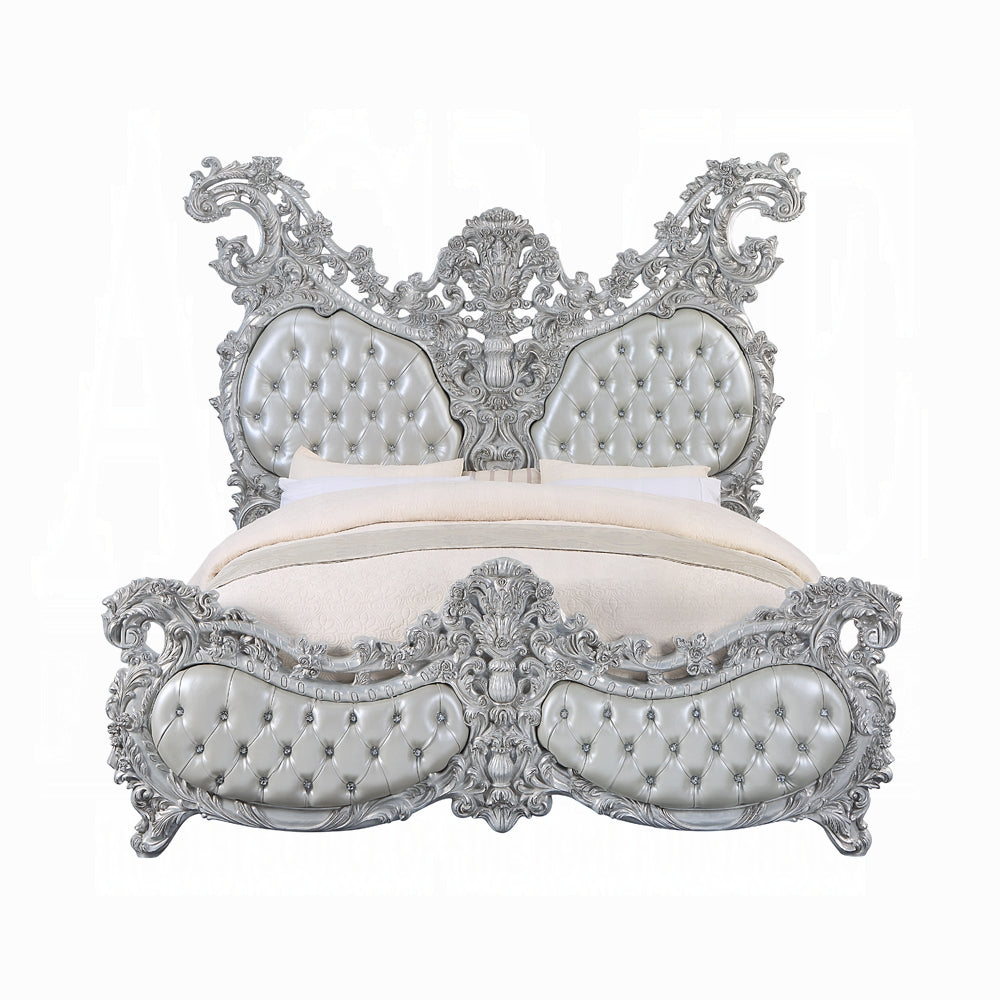 Acme Valkyrie Eastern King Bed, Synthetic Leather, Antique Platinum Finish