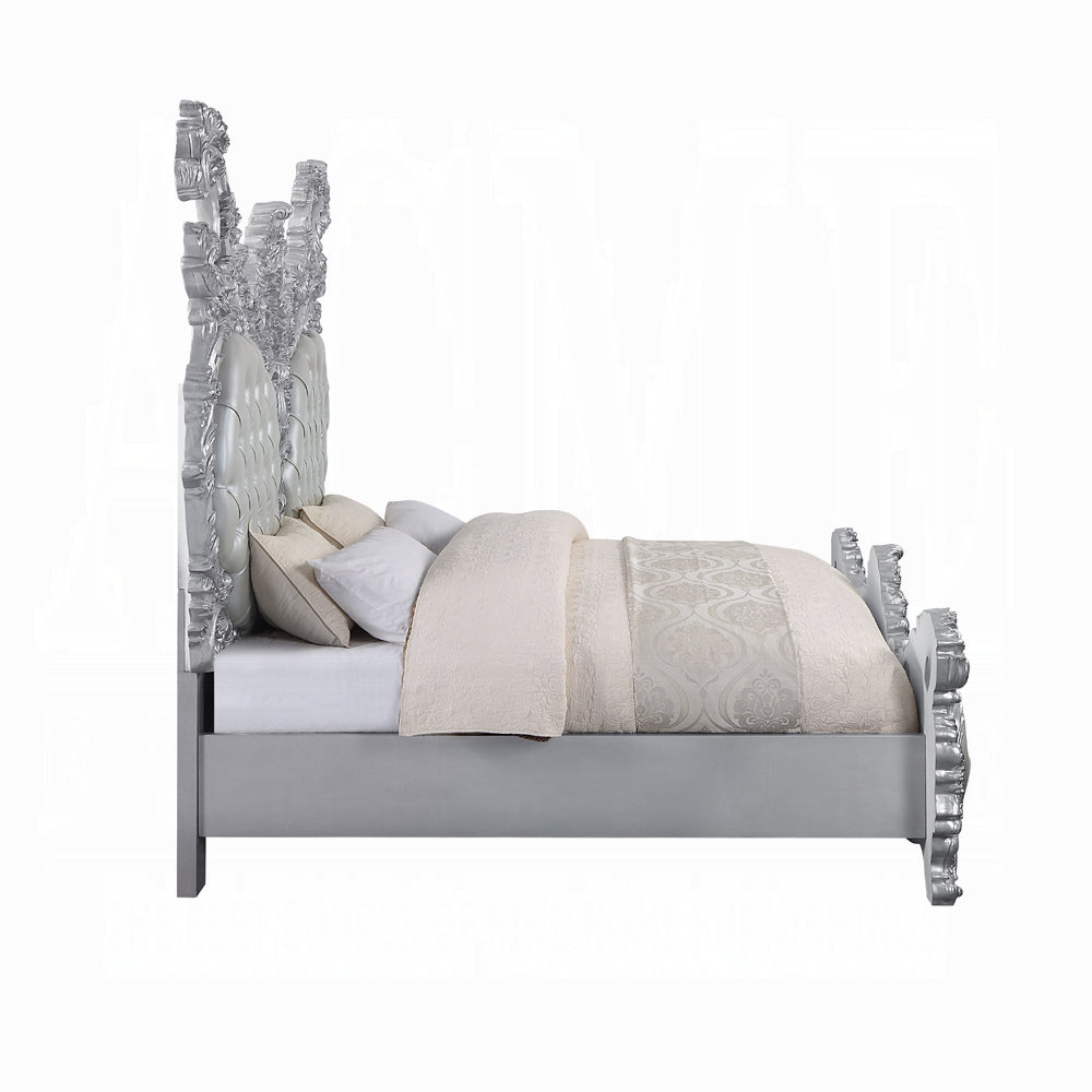 Acme Valkyrie Eastern King Bed, Synthetic Leather, Antique Platinum Finish