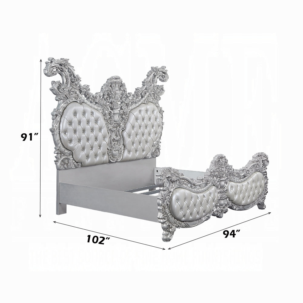 Acme Valkyrie Eastern King Bed, Synthetic Leather, Antique Platinum Finish