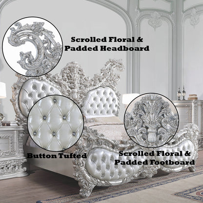 Acme Valkyrie Eastern King Bed, Synthetic Leather, Antique Platinum Finish