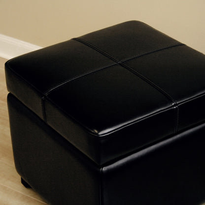 Contemporary Storage Ottoman Cube in Black Leather