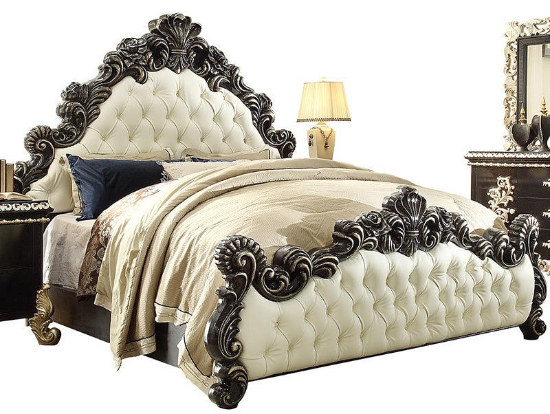 Leather Eastern King Bed in Ebony & Metallic Antique Silver Finish 1208EBED