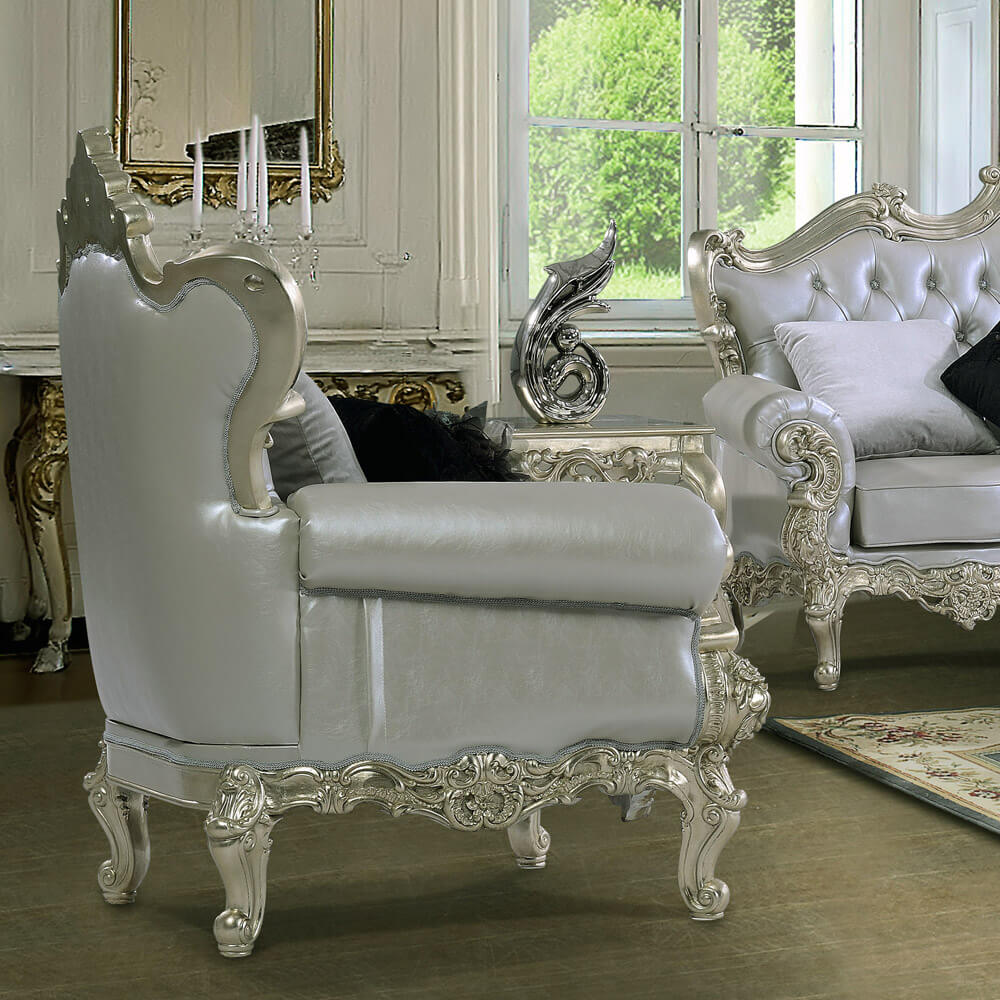 Leather Accent Chair in Belle Silver Finish European Traditional Victorian