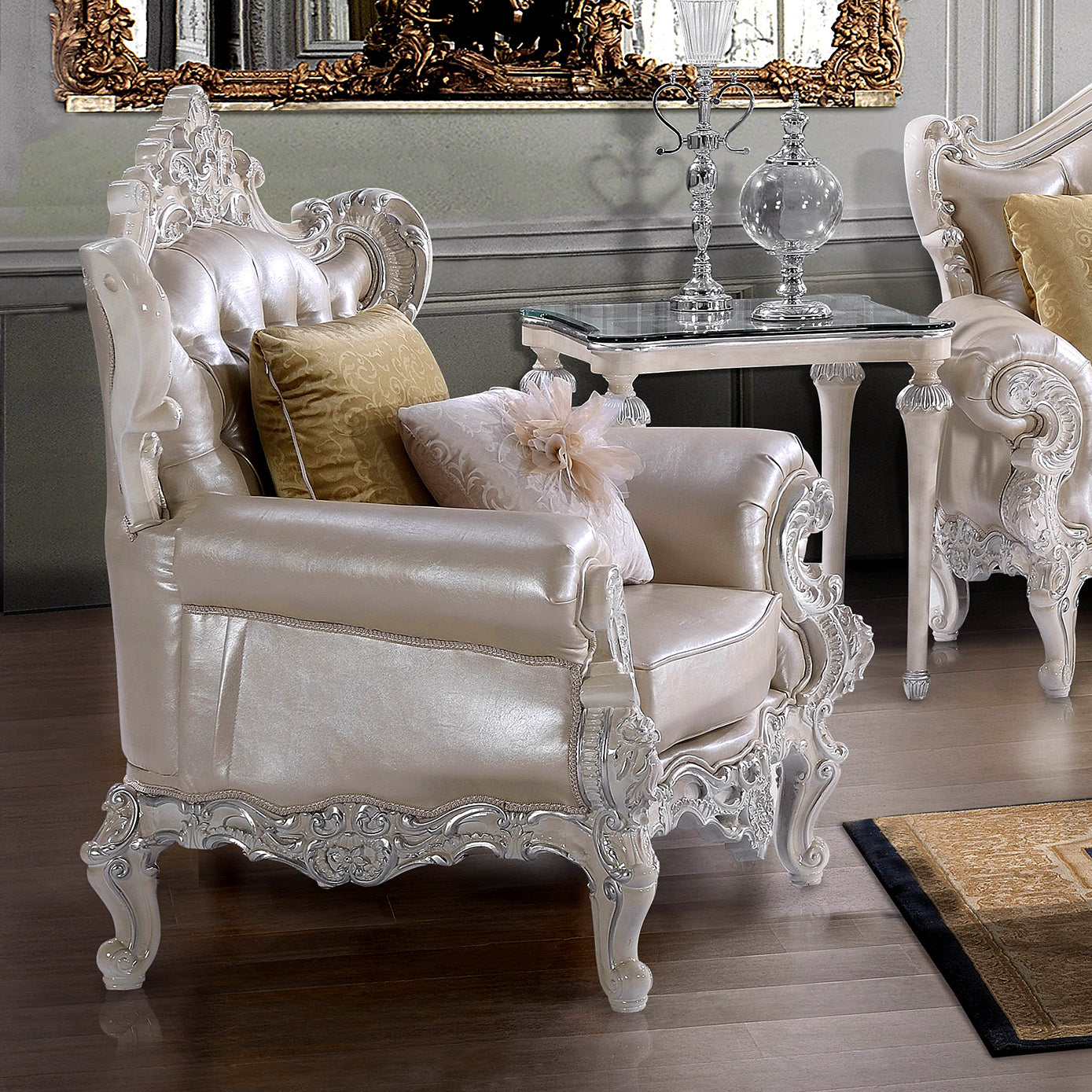 Leather Accent Chair in Antique White & Metallic Silver Finish European