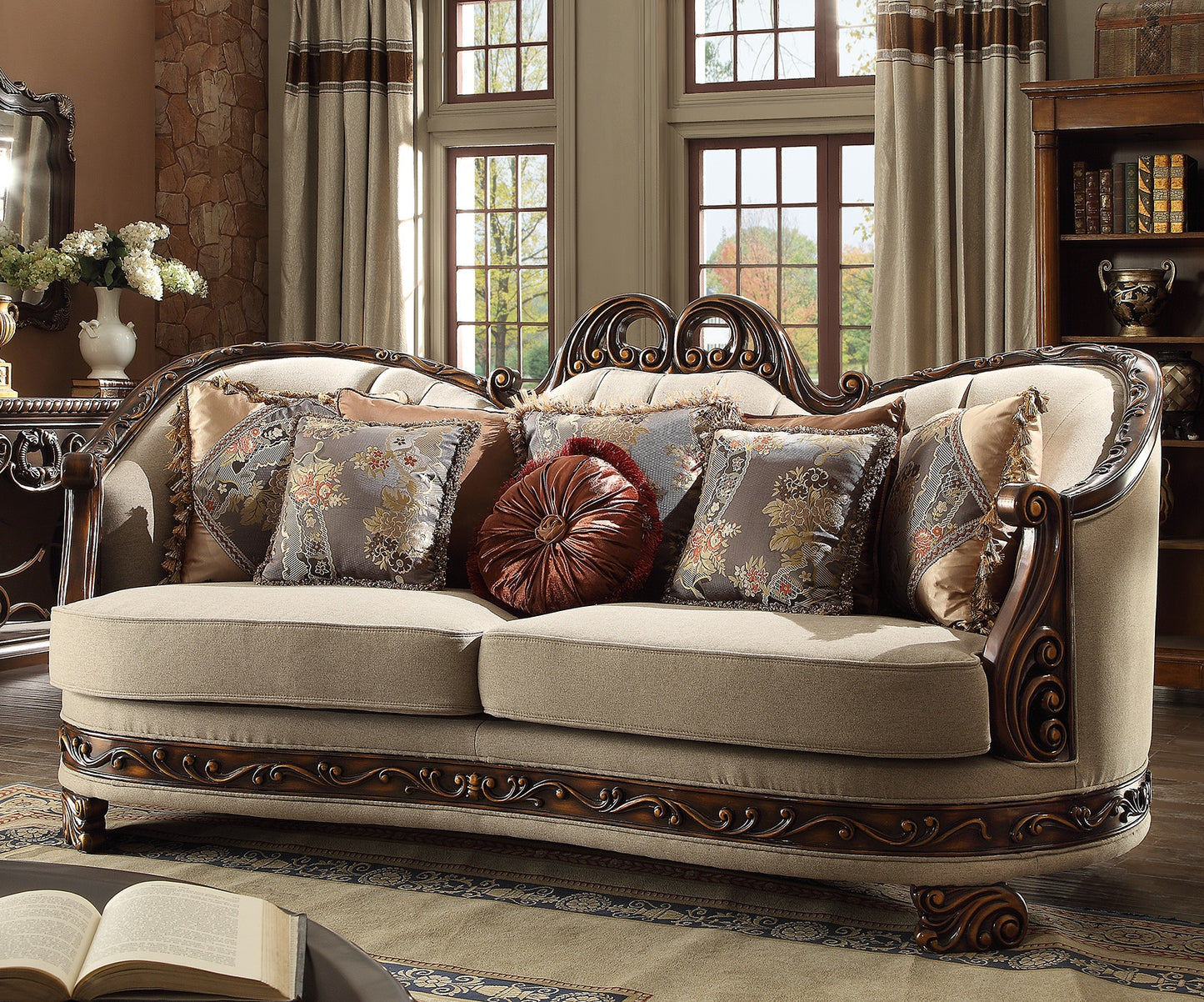 Fabric Sofa in Dark Red Mahogany & Metallic Antique Gold Finish S1623 European