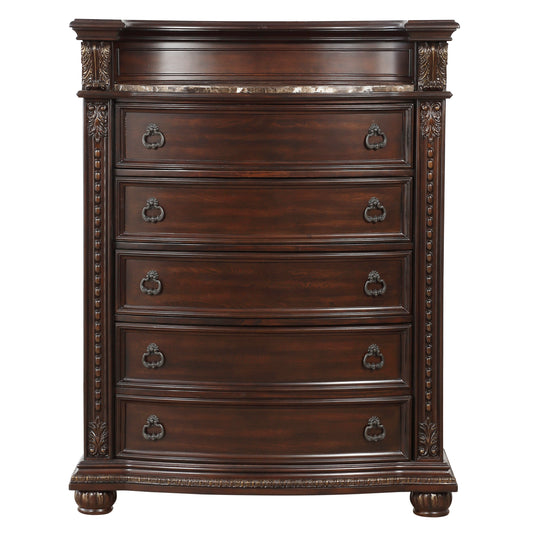 Homlegance Chest, Marble Insert Cavalier Collection In Dark Cherry Finish With Gold Tipping