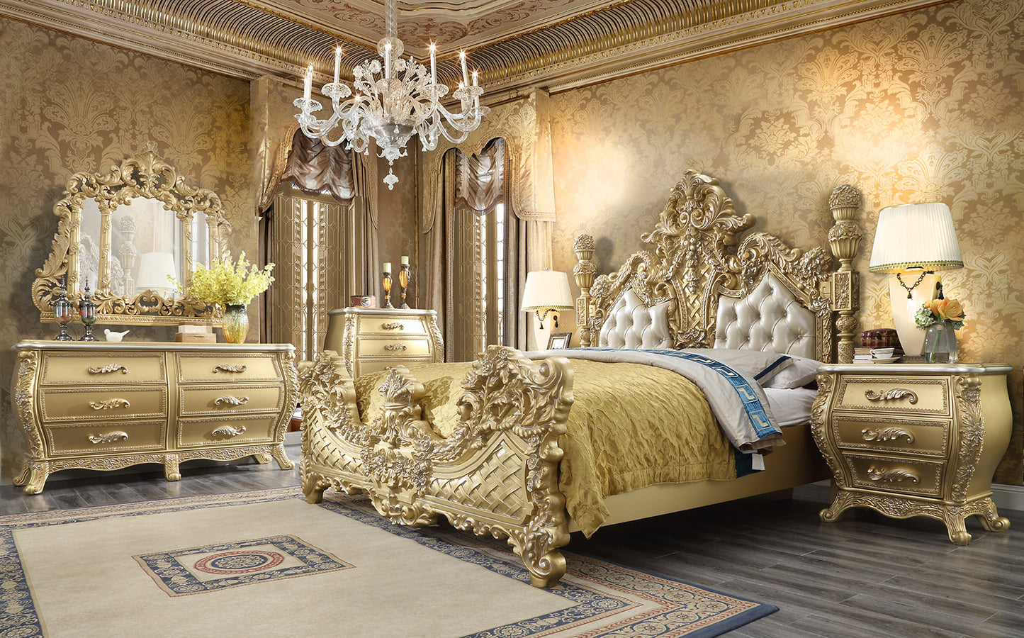 Leather Cal King 5PC Bedroom Set in Antique Gold Finish 1801-BSET5-CK European