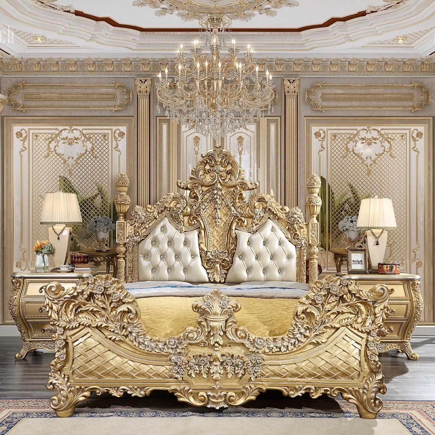Leather Cal King Bed in Metallic Antique Gold Finish CK1801 European Victorian