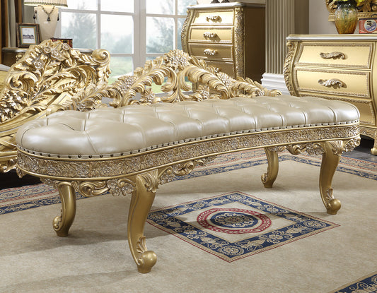 Leather Bed Bench in Metallic Antique Gold Finish European Victorian