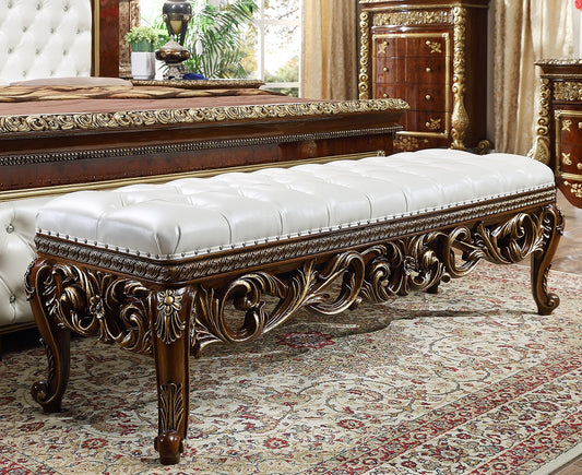 Leather Bed Bench in Burl & Metallic Antique Gold Finish European
