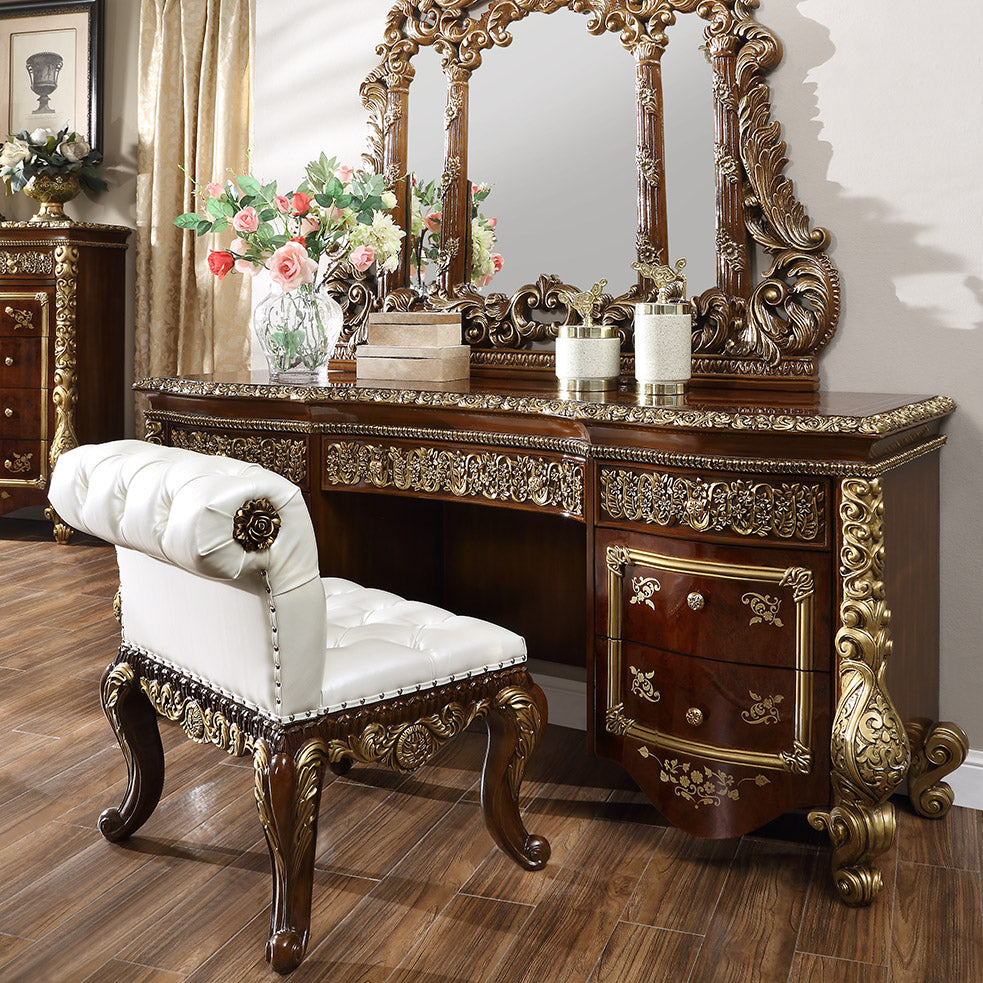 Leather E King 5PC Bedroom Set in Burl & Antique Gold Finish EK1803-5PC European