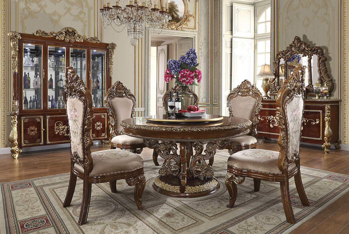 5 PC Round Dining Set in Burl & Antique Gold Finish w Fabric Seat 1803-5PC-RD