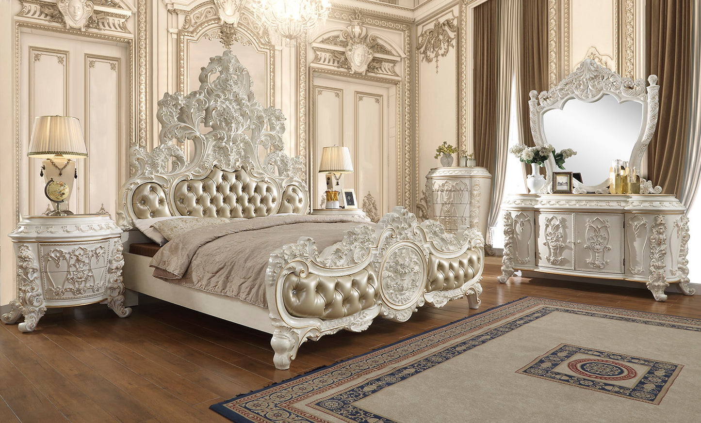 Leather E King 5PC Bedroom Set in Antique White & Gold Finish EK1806-5PC