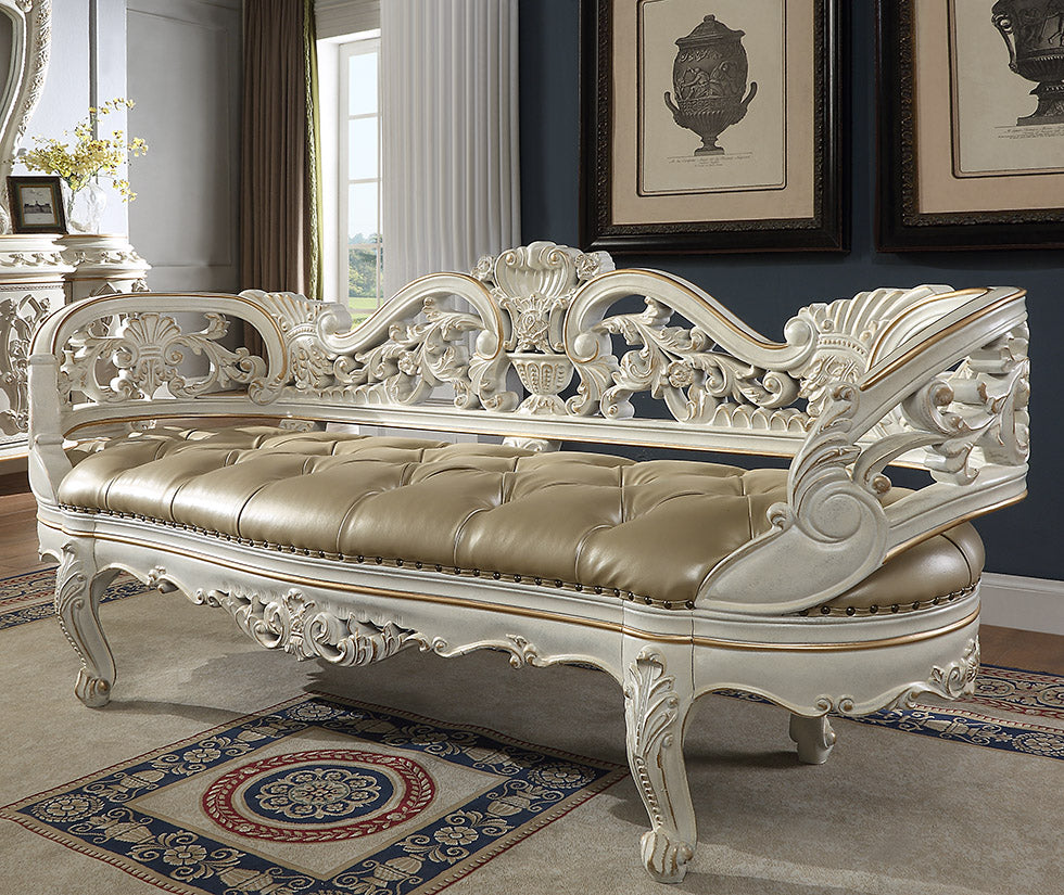 Leather Bed Bench in Antique White & Gold Brush Finish European