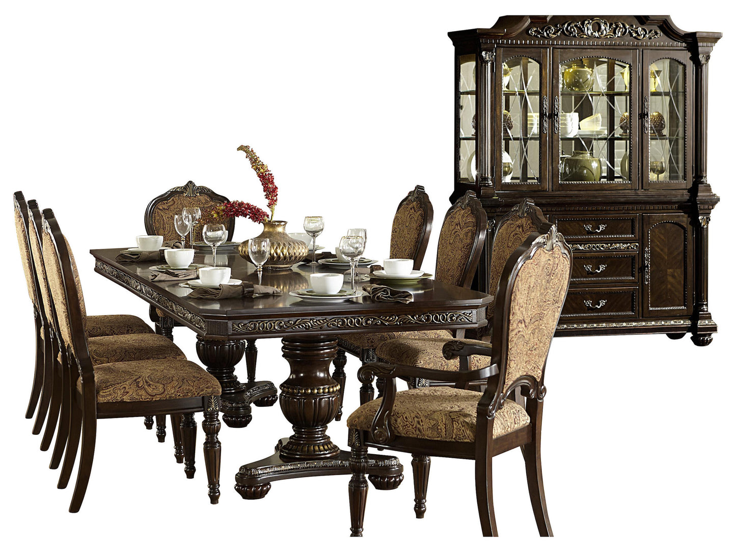 Homelegance Russian Hill 10PC Dining Set Double Pedestal Table, 2 Arm, 6 Side Chair, Buffet & Hutch in Warm Cherry