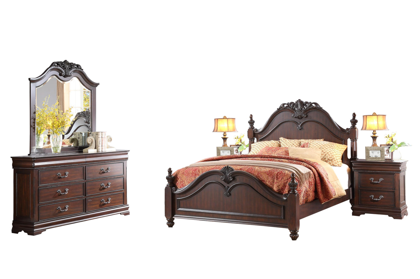Homelegance Mont Belvieu 5PC Bedroom Set Cal King Poster Bed, Dresser, Mirror, 2 Nightstand in Cherry