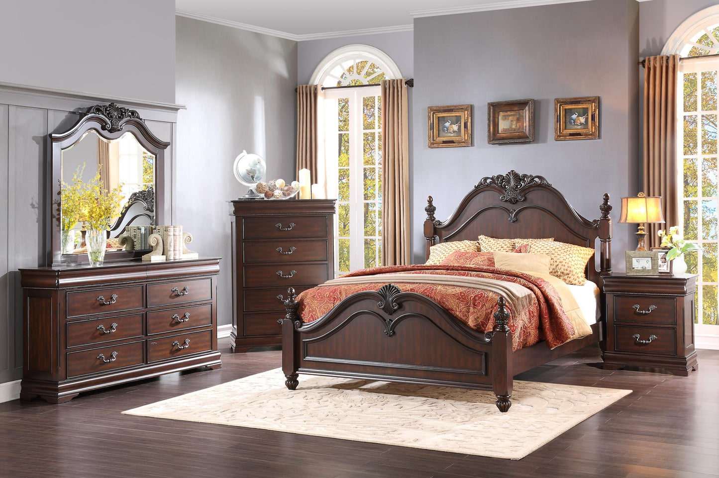 Homelegance Mont Belvieu 6PC Bedroom Set Cal King Poster Bed, Dresser, Mirror, 2 Nightstand, Chest in Cherry