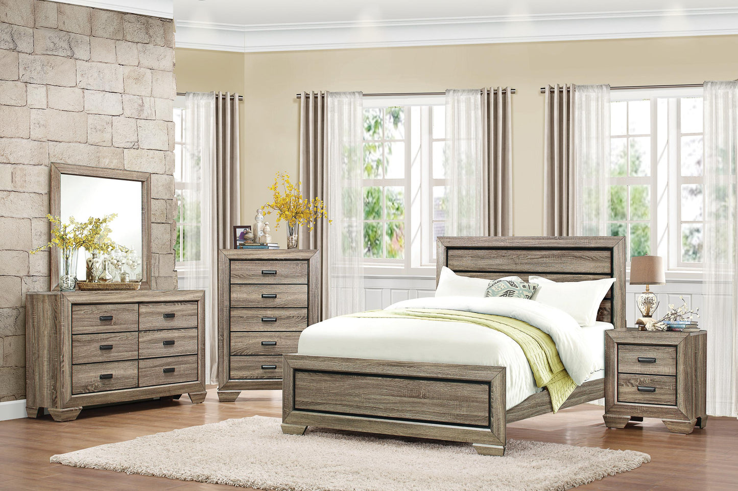 Ballar Rustic 5PC Bedroom Set Queen Bed, Dresser, Mirror, 2 Nightstand in Natural Wood