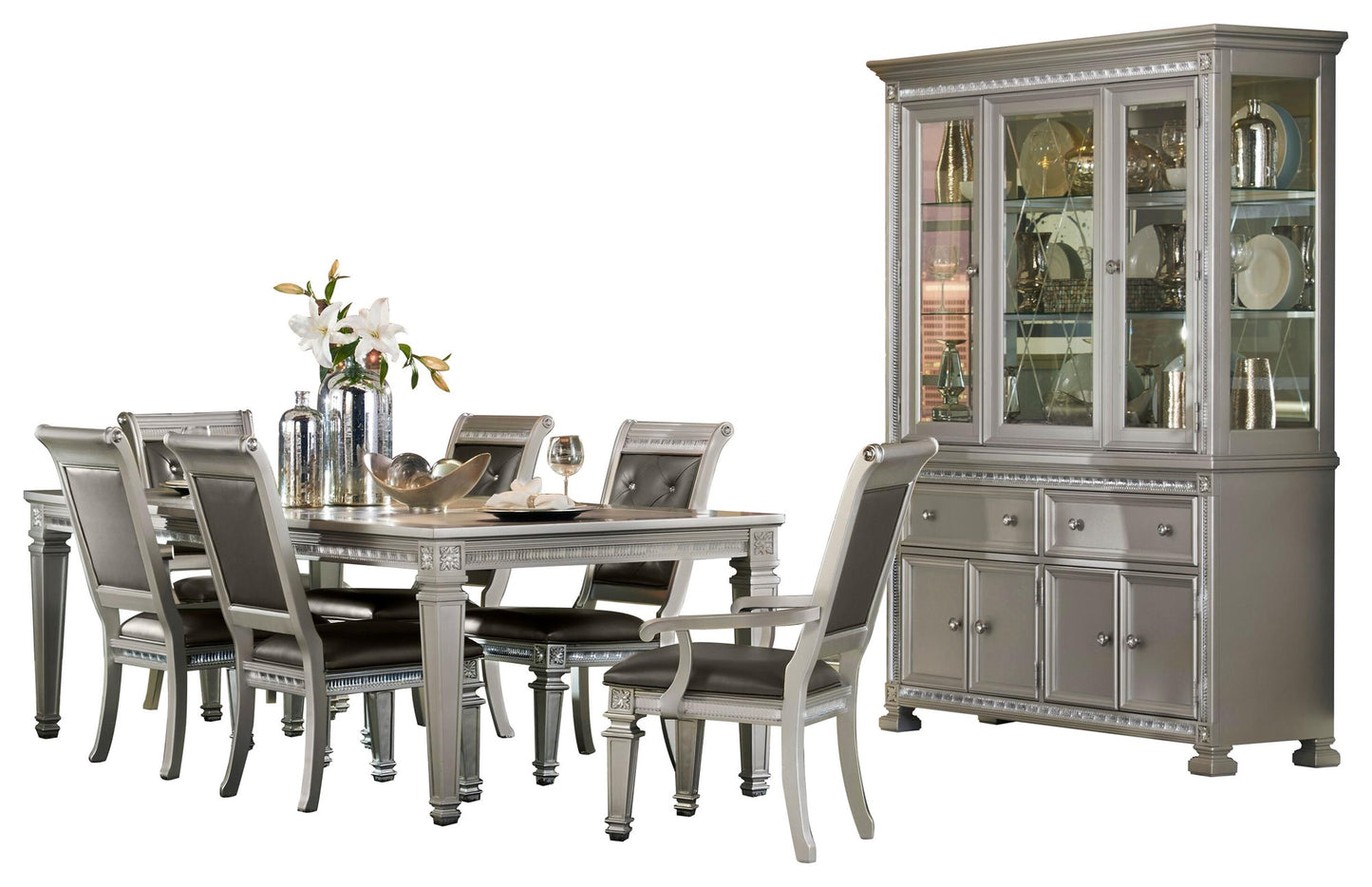 Homelegance Bevelle 8PC Dining Set Table Two Arm Chair Four Chair Buffet & Hutch in Silver