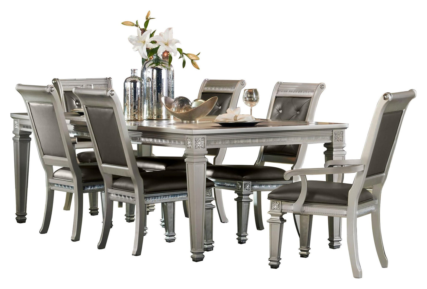 Homelegance Bevelle 7PC Dining Set Table, 2 Arm & 4 Side Chair in Silver