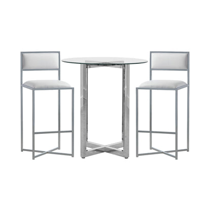 Modus Amalfi 3PC 32" Round Bar Glass Table & 2 X-Base Stool Set- White