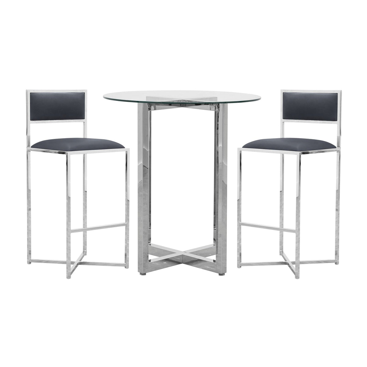 Modus Amalfi 3PC 32" Round Bar Glass Table & 2 X-Base Stool Set- Cobalt