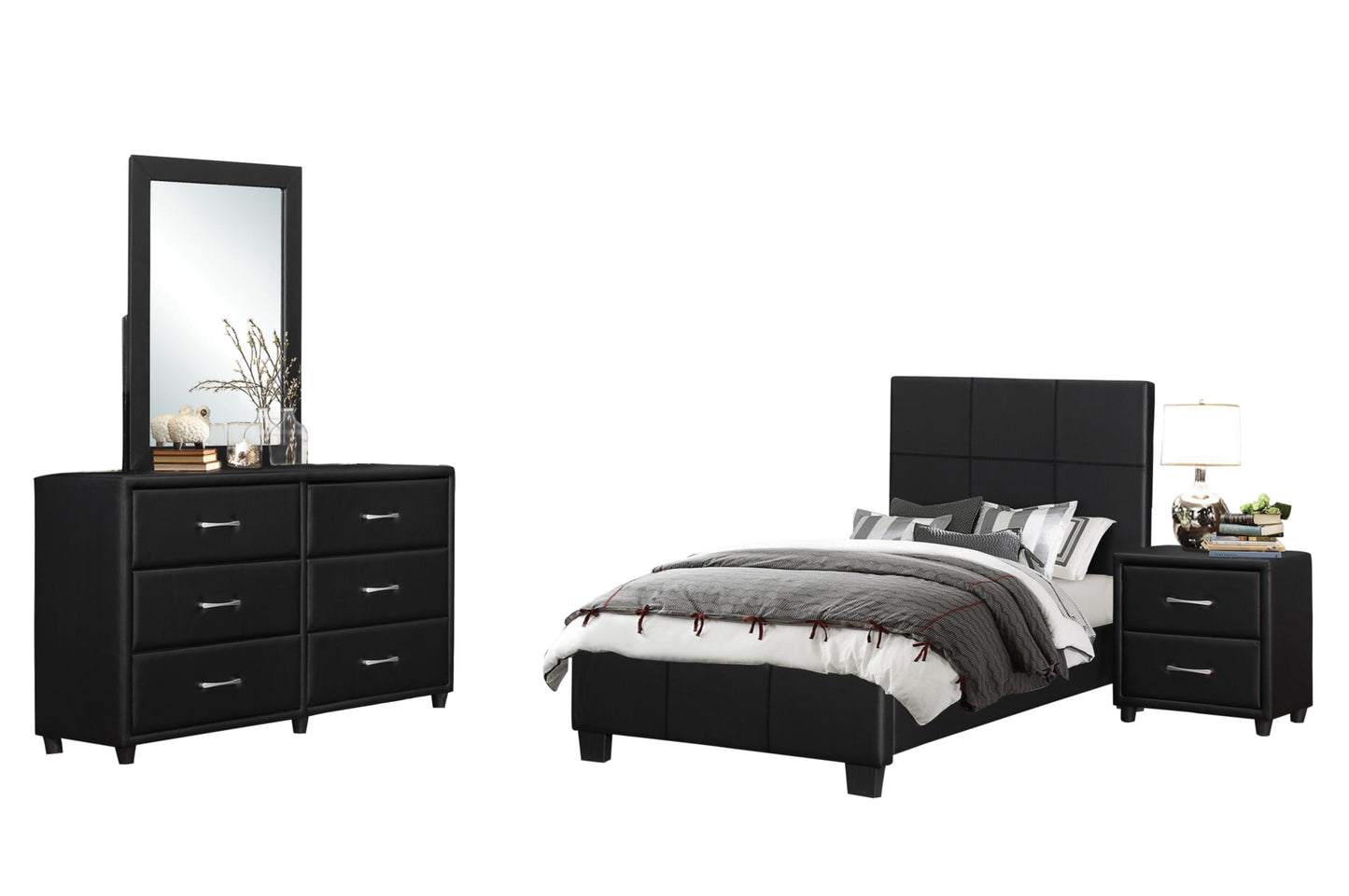 Homelegance Lorenzi 4PC Youth Bedroom Set Twin Platform Bed, Dresser, Mirror, Nightstand in Black Vinyl