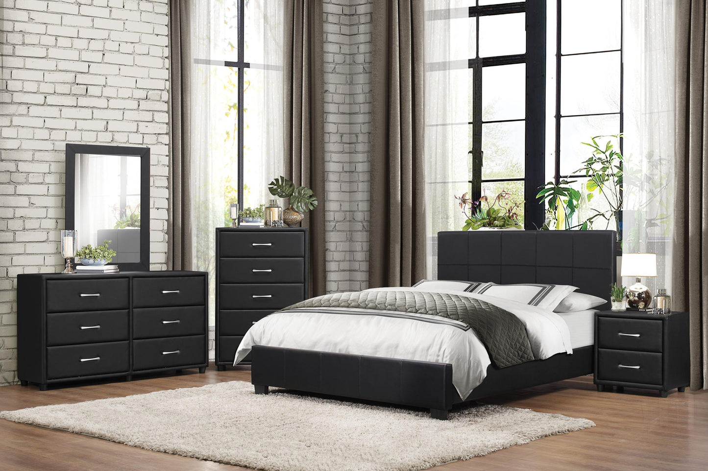 Homelegance Lorenzi 5PC Bedroom Set Queen Platform Bed, Dresser, Mirror, Nightstand, Chest in Black Vinyl