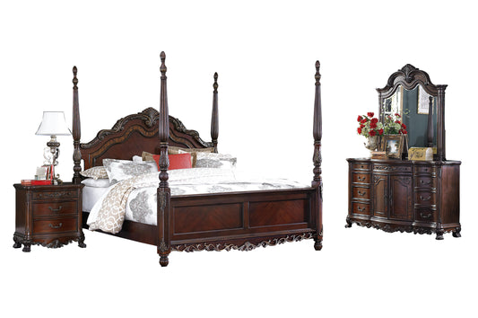 Homelegance Deryn Park 4PC Bedroom Set Cal King Poster Bed, Dresser, Mirror, Nightstand in Cherry