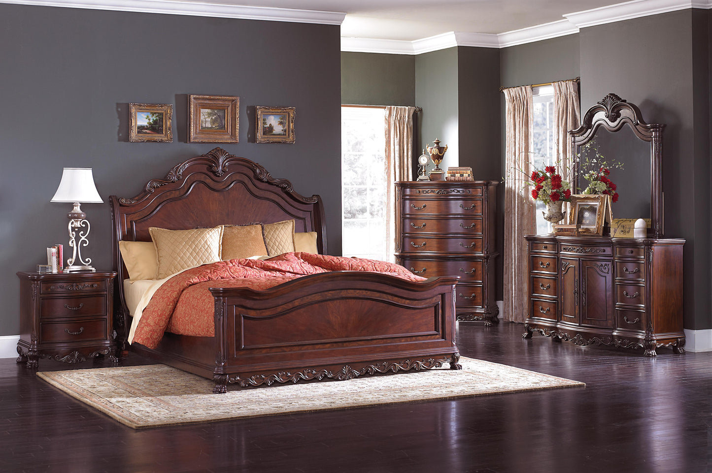 Homelegance Deryn Park 5PC Bedroom Set E King Sleigh Bed, Dresser, Mirror, 2 Nightstand in Cherry