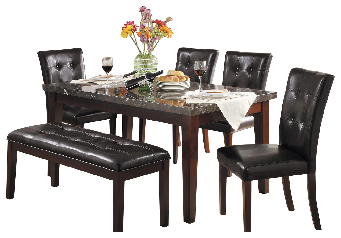 Homelegance Decatur 7PC Dining Set Marble Table, 4 Chair, Bench, Server in Espresso