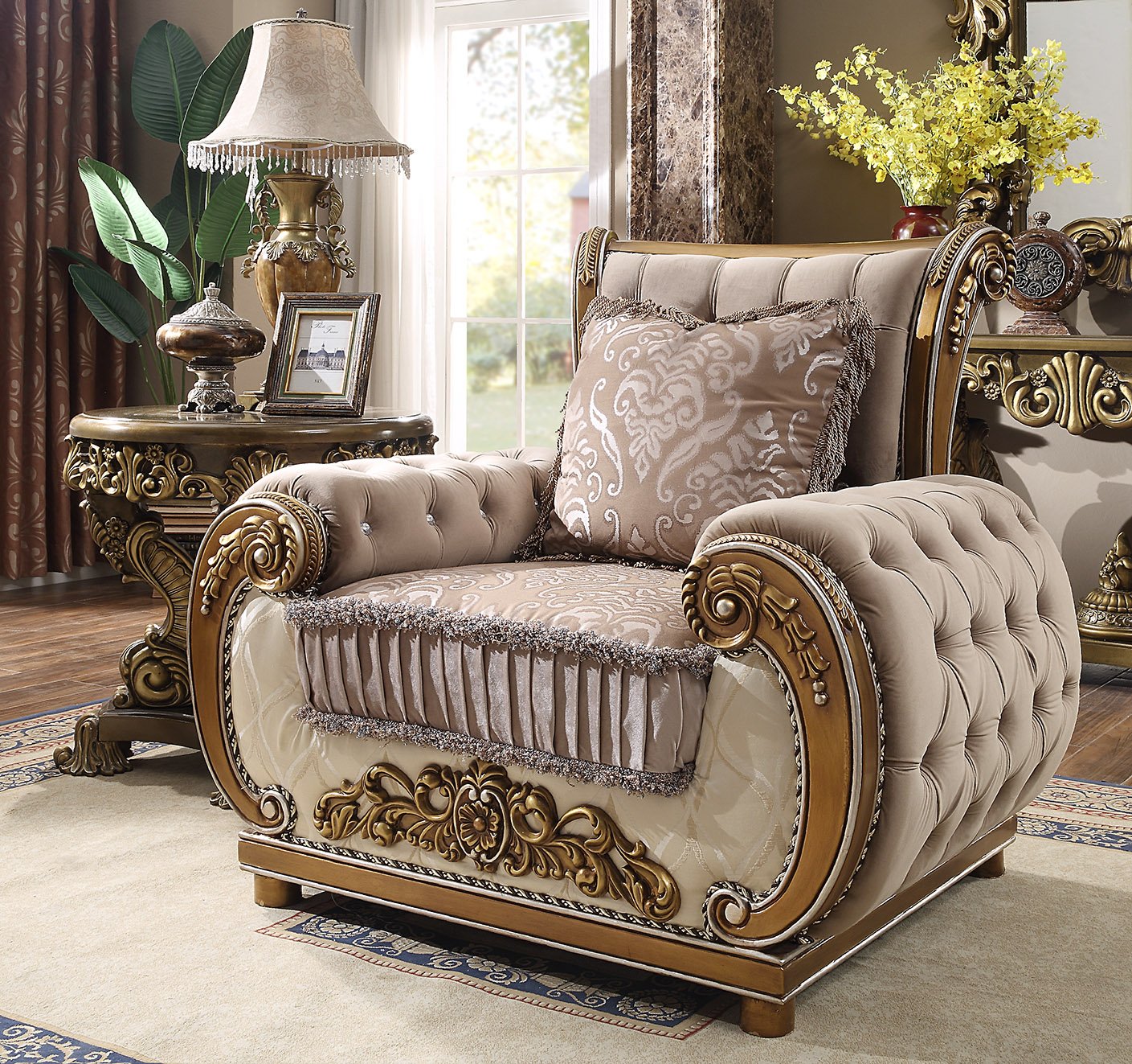Fabric Accent Chair in Brown Finish European Traditional Victorian