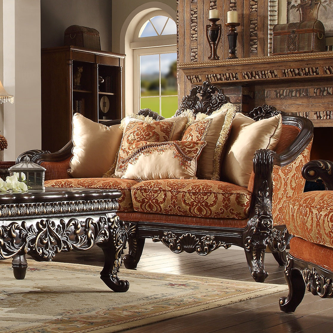 Fabric Loveseat in Brown Mahogany Finish L2627 European Traditional Victorian