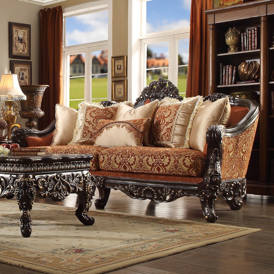 Fabric Sofa in Brown Mahogany Finish S2627 European Traditional Victorian