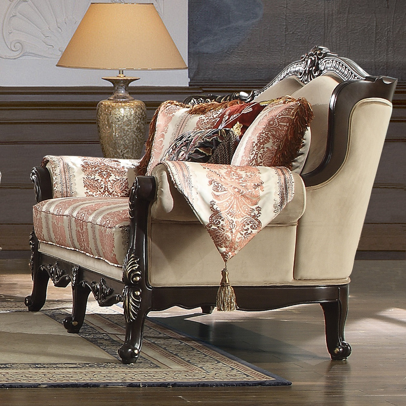 Fabric Loveseat in Brown Mahogany Finish L2638 European Traditional Victorian