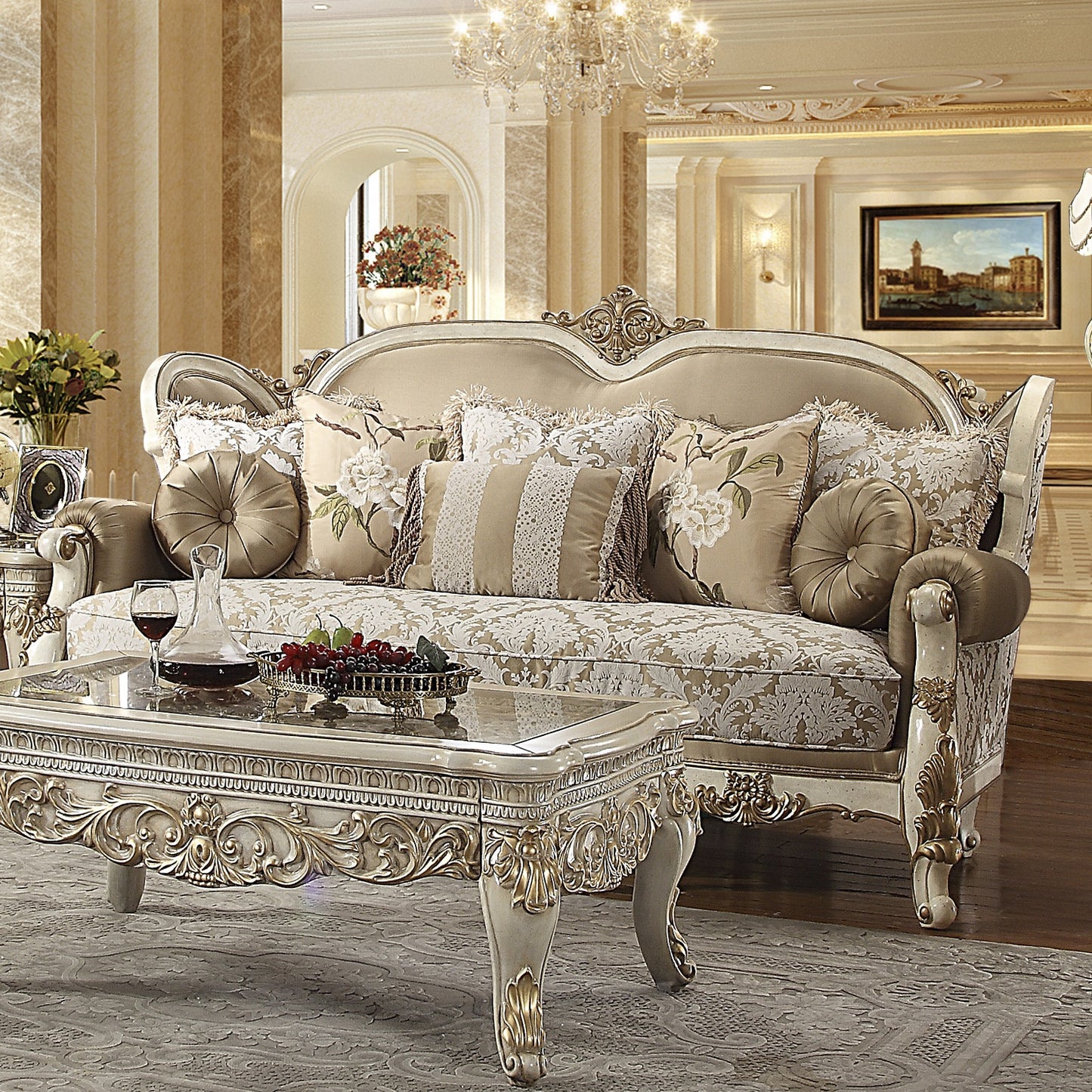 Fabric Sofa in Vintage White Finish S2652 European Traditional Victorian
