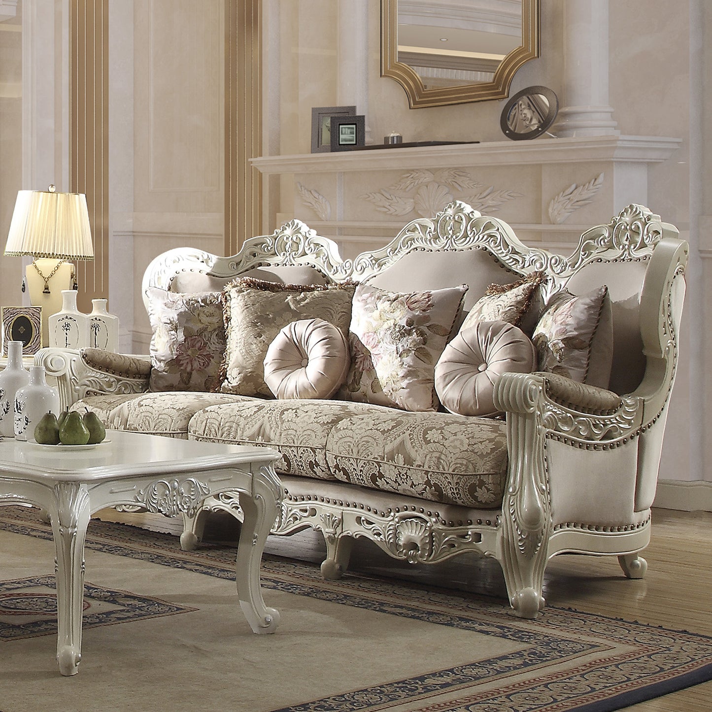Fabric Sofa in Antique Ivory Finish S2657 European Traditional Victorian
