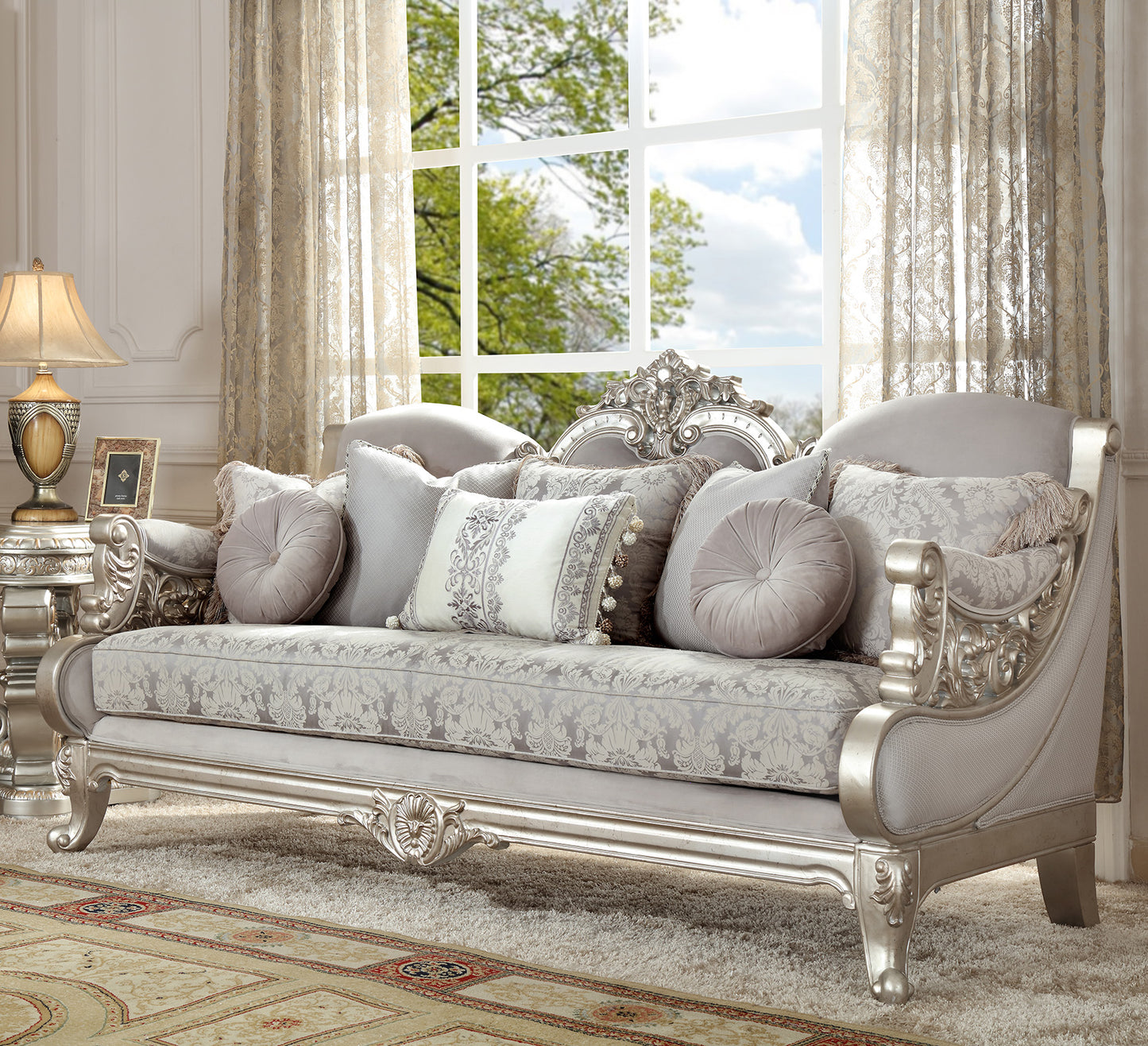 Fabric Sofa in Metallic Silver Finish S2662 European Traditional Victorian
