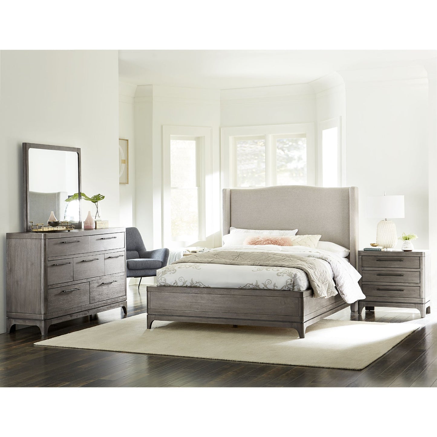 Modus Cicero 5PC Queen Upholstered Bedroom Set w 2 Nightstand in Rustic Latte