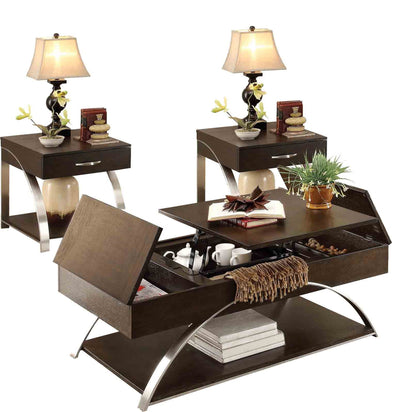 Homelegance Tioga 3PC Occasional Set Lift Top Cocktail Table with Storage, 2 End Table in Espresso