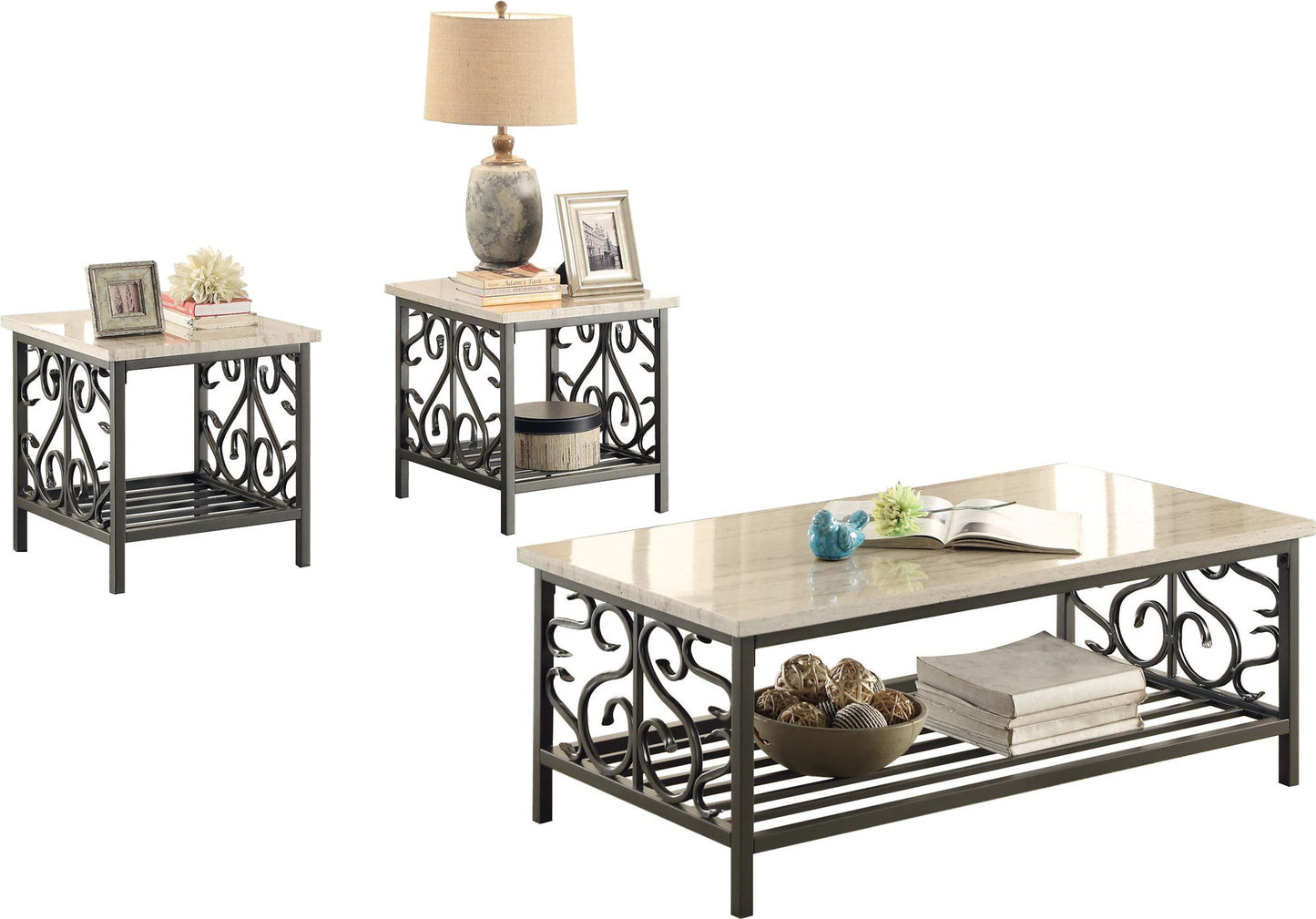 Homelegance Fairhope 3PC Occasional Tables with Faux Marble Top Cocktail Table, 2 End Table