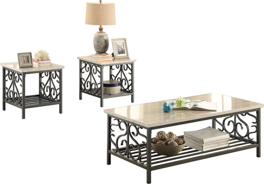 Homelegance Fairhope 3PC Occasional Tables with Faux Marble Top Cocktail Table, 2 End Table