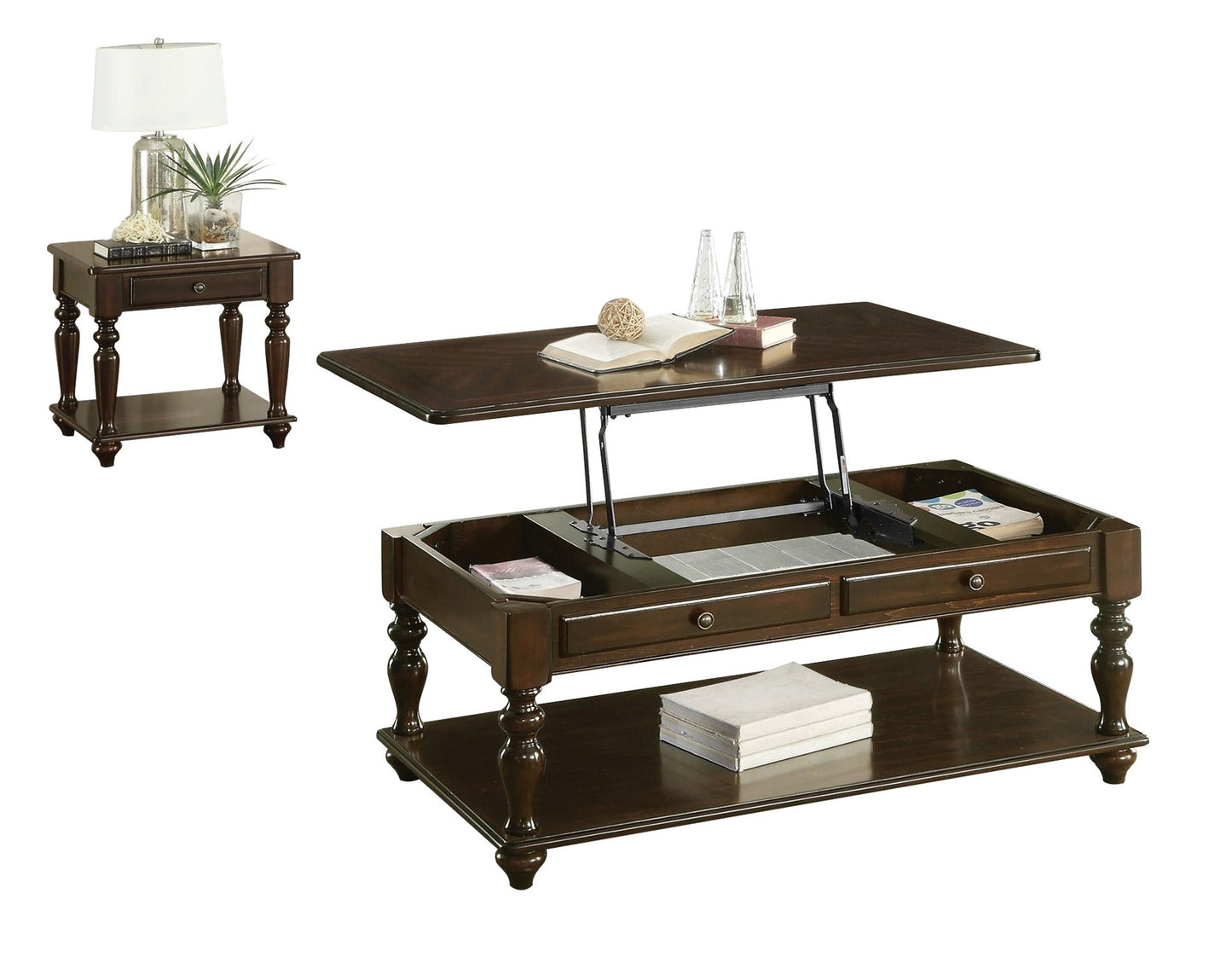 Homelegance Lovington 2PC Occasional Set Lift Top Cocktail Table on Casters, 1 End Table in Espresso