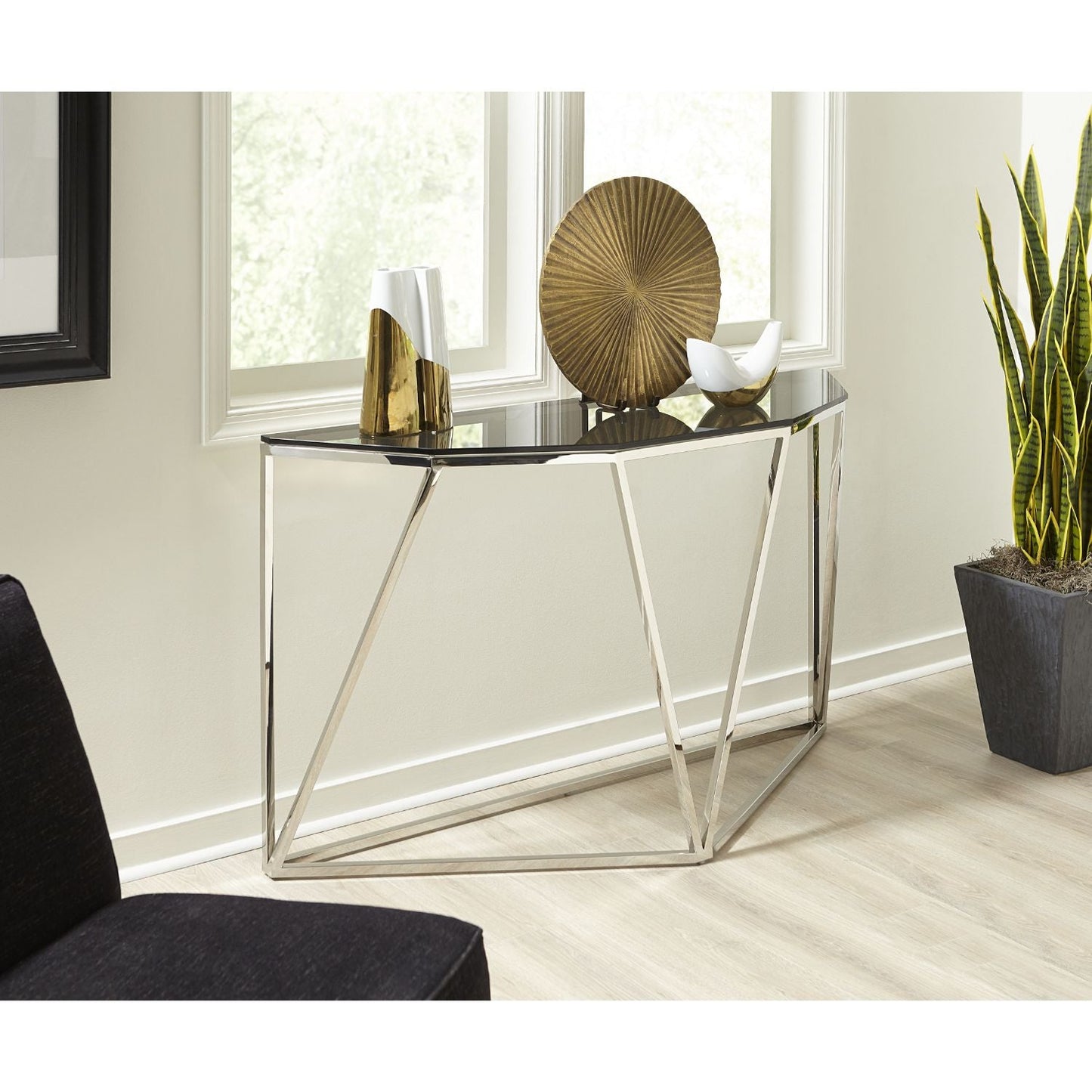 Modus Aria Smoked Glass and Polished Stainless Steel Console Table in Multi