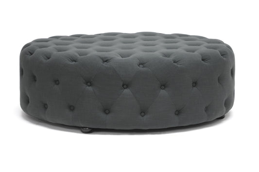 Traditional Round Tufted Ottoman in Grey Linen Fabric