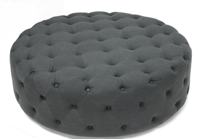 Traditional Round Tufted Ottoman in Grey Linen Fabric