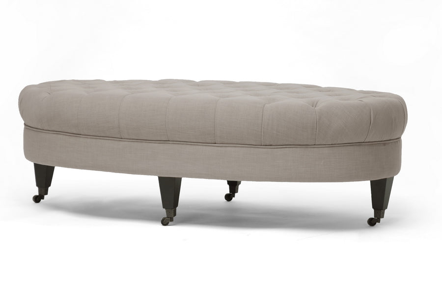 Traditional Round Tufted Ottoman in Beige Linen Fabric
