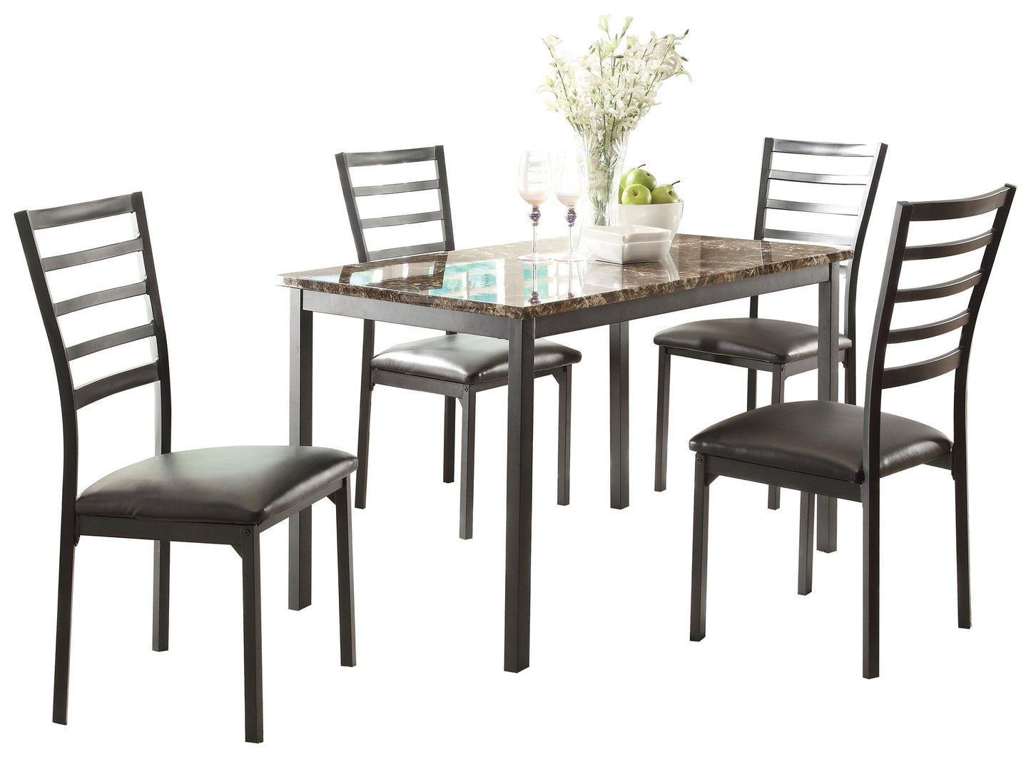Homelegance Flannery Metal 5PC Faux Marble Dining Set Table, 4 Chair in Dark Brown