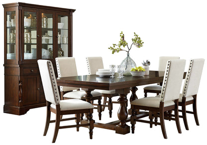 Homelegance Yates 8PC Dining Set Table, 6 Fabric Chair, Buffet & Hutch in Burnished Oak