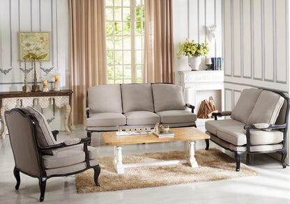 Antiqued French Sofa & Loveseat & Accent Chair in Beige Fabric - The Furniture Space.